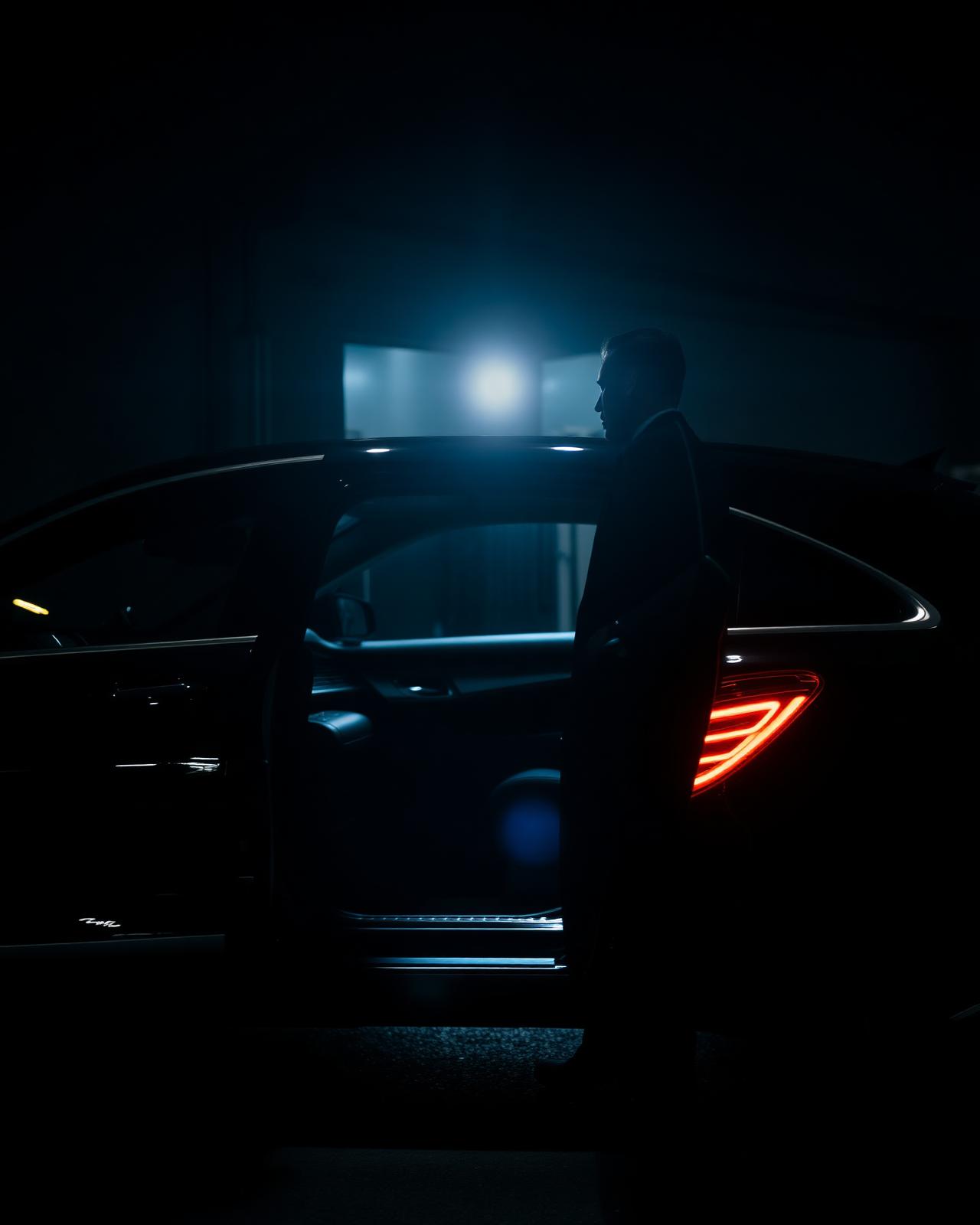 Chauffeur at the door of a black sedan